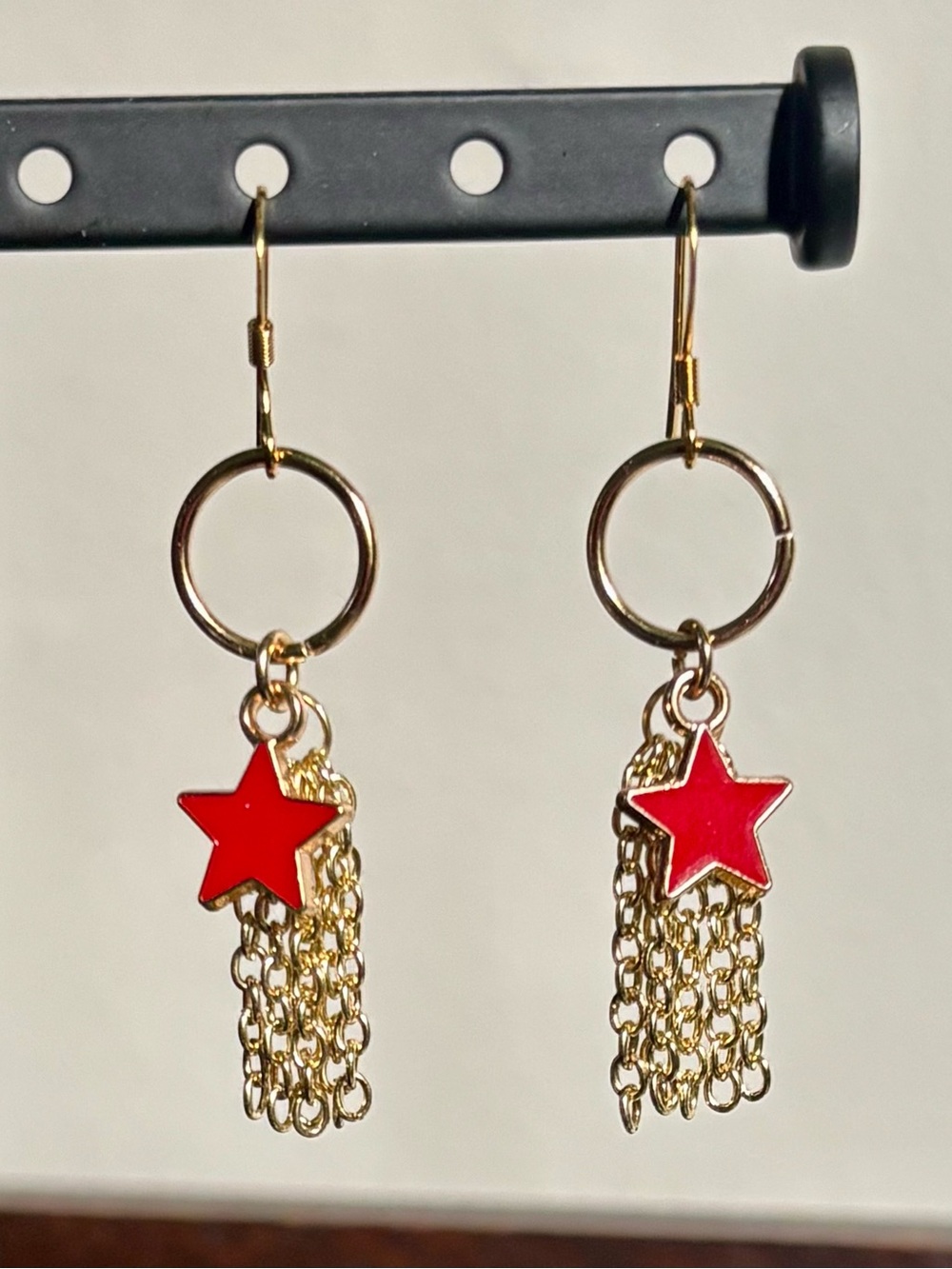 Gold Chain Dangle Earrings with Red Star Charms